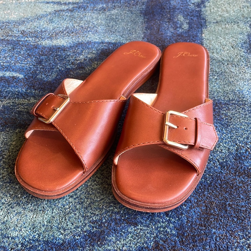 J Crew - Beautiful brown Vachetta leather slides Size 7.5